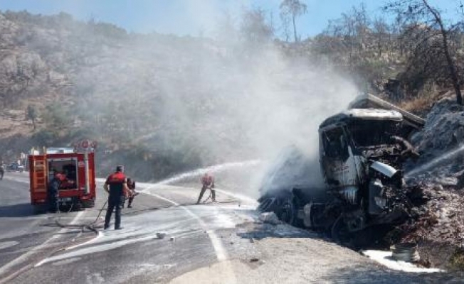 Şarampole devrilen kamyon alev alev yandı, sürücü öldü